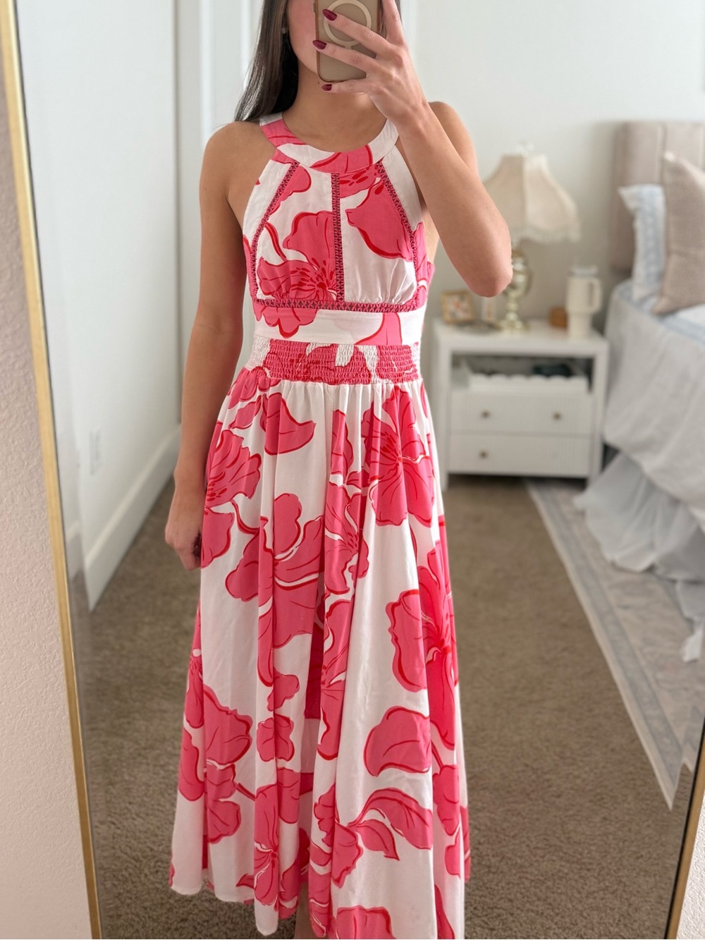 Halter Pink Floral Maxi Dress with Smocked Waist